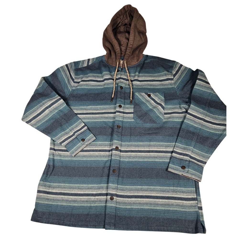 Ascend Mens Blue Striped Hooded Flannel Shirt Long Sleeve Button Up Large